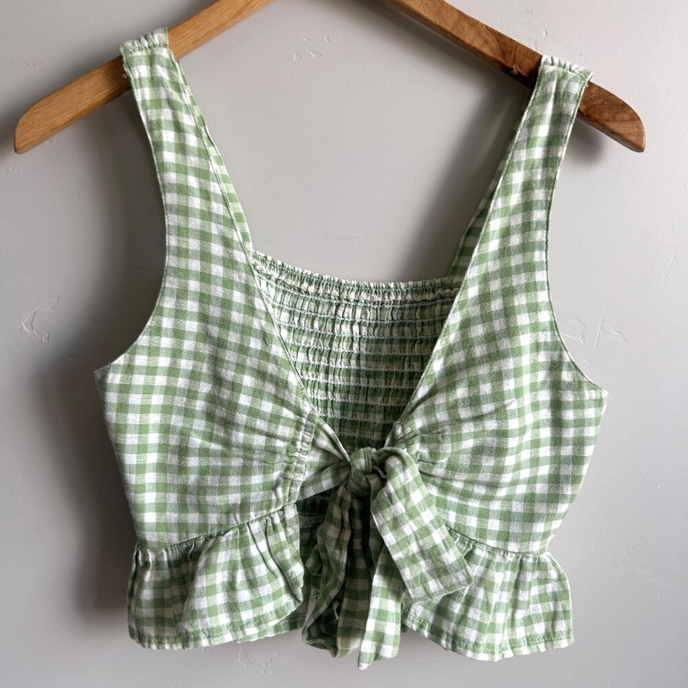American Eagle 2 Piece Crop Top Flowy Pants Large Green Lined Gingham Hippie - Picture 4 of 16